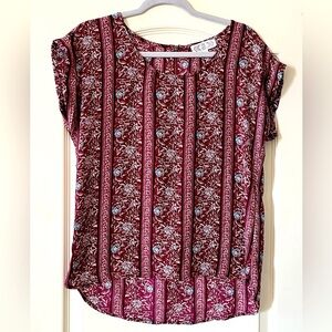 Pink Rose Semi Sheer Burgundy Floral Blouse Women's size medium